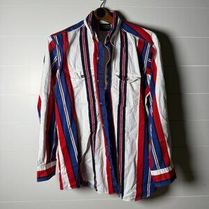 Panhandle Slim Long Sleeve Button Down Red White Blue Stripe, Sz 17 1/2x35